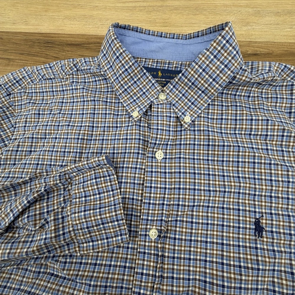 Polo Ralph Lauren Shirt Long Sleeve Button Up Mens XL Blue Plaid Cotton Stretch